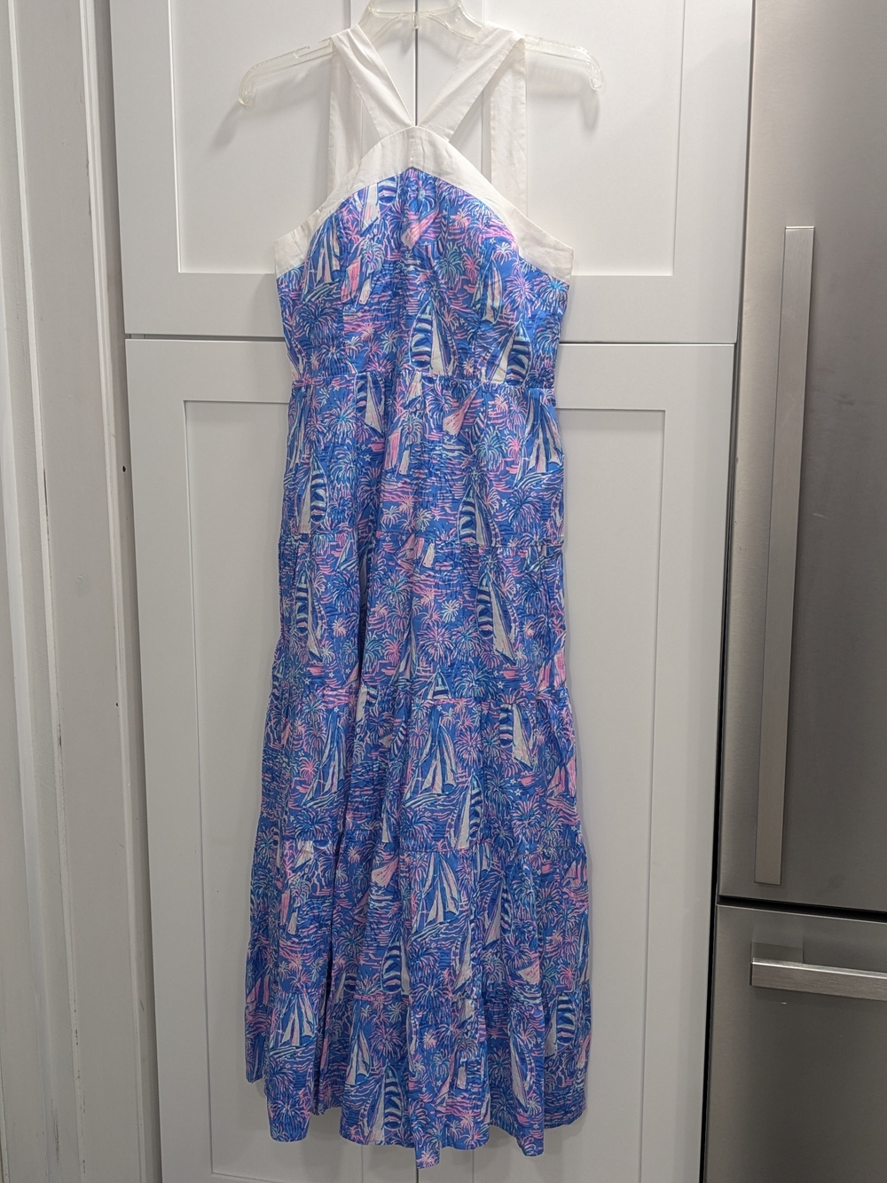 Lilly Pulitzer Blue and Pink Sailboat Halter Maxi Dress with White Trim